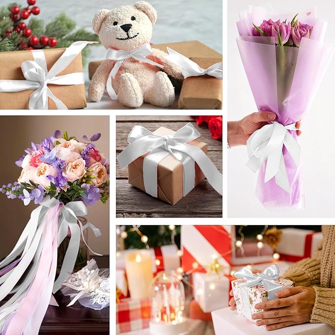 White Satin Ribbon 1-1/2 Inch x 2 Rolls White Wide Satin Fabric Ribbon for Gift Packaging, Christmas, Wedding, Flower Bouquet, Holiday Party, Invitation