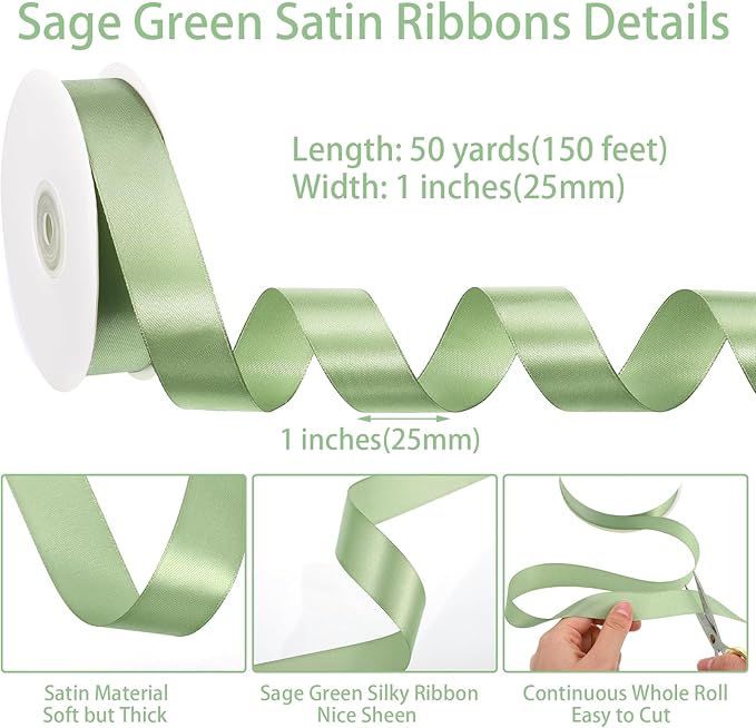 Sage Green Ribbon 1 Inch 50 Yards Solid Fabric Light Green Satin Ribbon for Gift Bags Baskets Dorm Room Decor Gift Wrapping Wedding Hair Bows Christmas Decorations