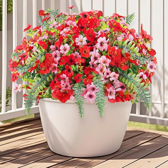 Artificial Faux Plants Flowers Outdoor Decoration,16 Bundles Fake Silk Colorful Daisy Eucalyptus Realistic UV Resistant for Outside Home Planter Porch Patio Yard Decor (red Pink)
