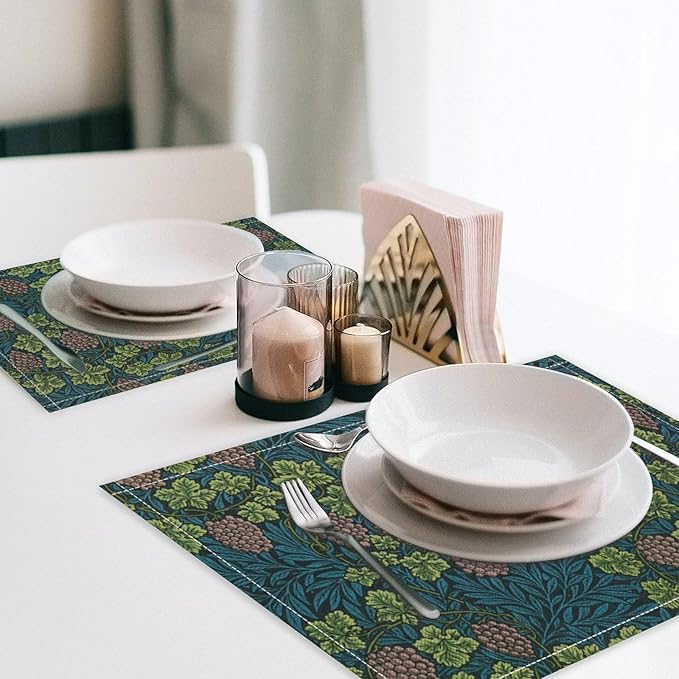 William Morris Vintage Botanical Placemats Set of 6, Retro Grapes Vines Flower Boho Plant Place Mats, Heat Resistant Non Slip Cotton Linen Dining Table Mats for Home Kitchen Party 18x12 Inch