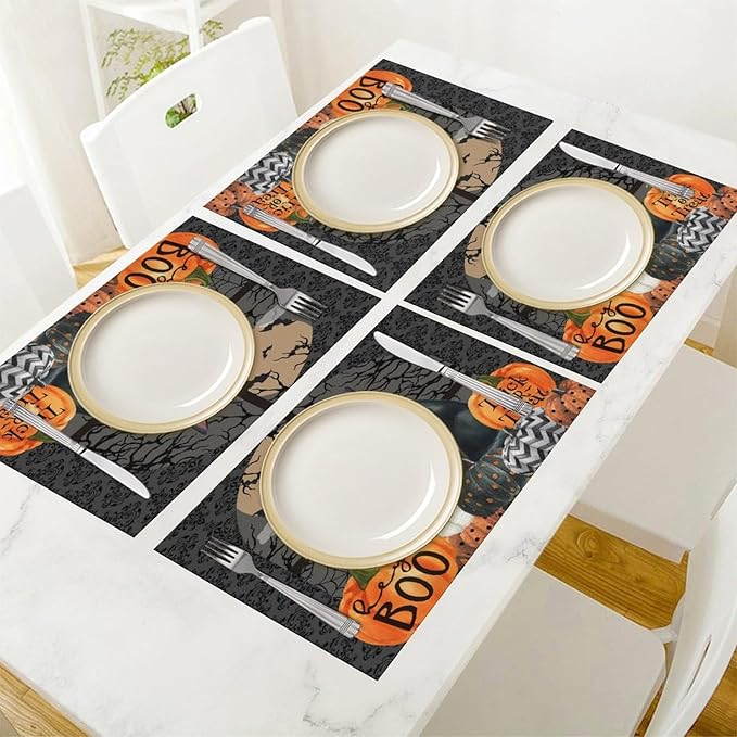 Boo Black Cat Pumpkins Halloween Placemats Gothic Dark Damask Bat Spider Web Dark Forest Funny Pumpkin Placemats Table Kitchen Dining Party 12x18 Inch Set of 4