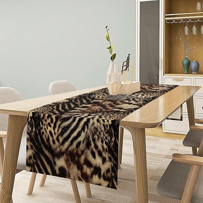 Animal Skin Print Table Runner, Vintage Farmhouse Cottage Country Western Wildlife Safari Leopard Zebra Dinner Runner for Kitchen Dining Table Party Holiday 13x108in