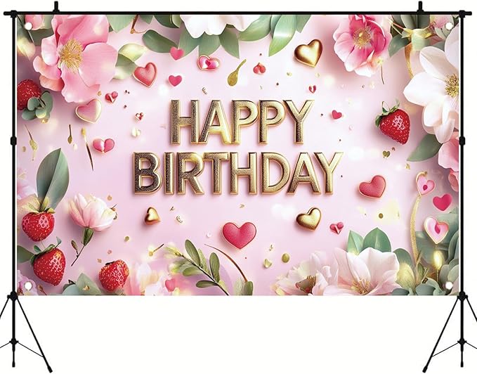 Pink Happy Birthday Backdrop Banner Gold Floral Heart Strawberry Design Photography Background Girls Birthday Party Decorations Photo Booth Supplies 71x43 Inch