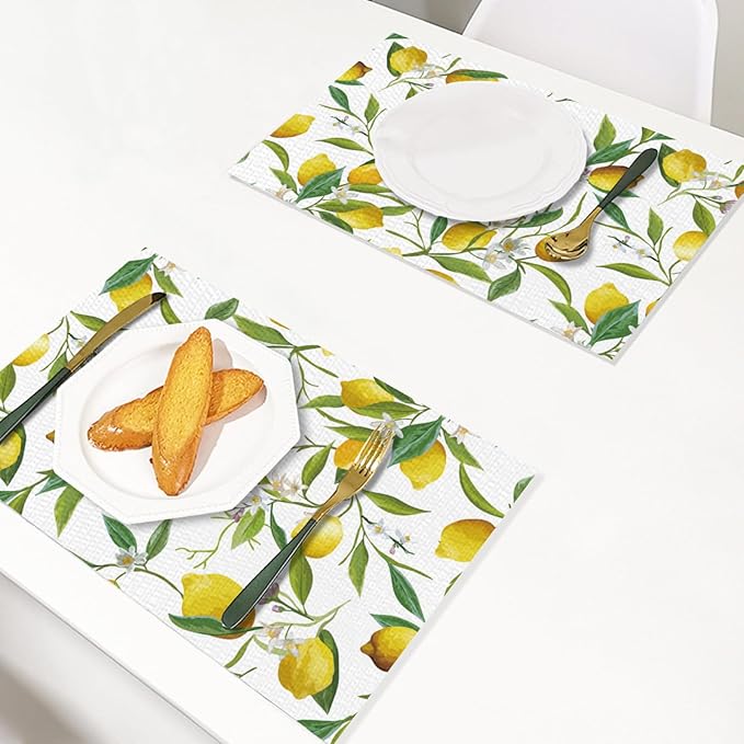 Placemats Set of 4 Waterproof Oilproof Table Mats Lemon Pattern Washable Wipeable Heat Resistant Easy to Clean for Indoor Outdoor Party Kitchen Dining Table Decoration 12 * 18in