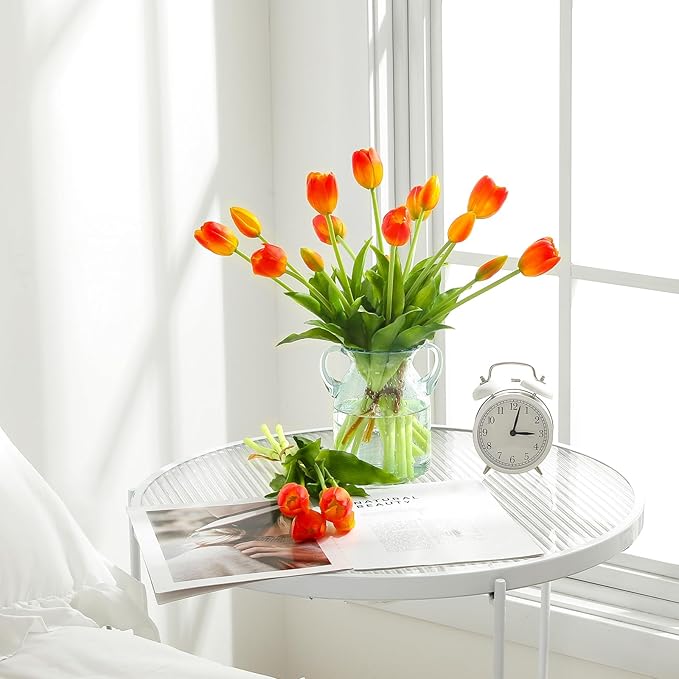 15PCS Artificial Tulips Real Touch Orange Faux Latex Flowers Lifelike Fake Tulip Bouquet Flowers Arrangements for Wedding Home Kitchen Garden Table Party Decoration