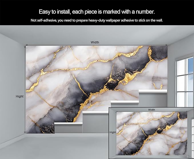 Golden Veins Marble Wall Mural, Black and White Marble 3D Wall Murals, Luxury Stone Wallpaper Mural, for Living Room Bedroom Large Wallpaper Indoor Decor 169.3" W x118.2 H
