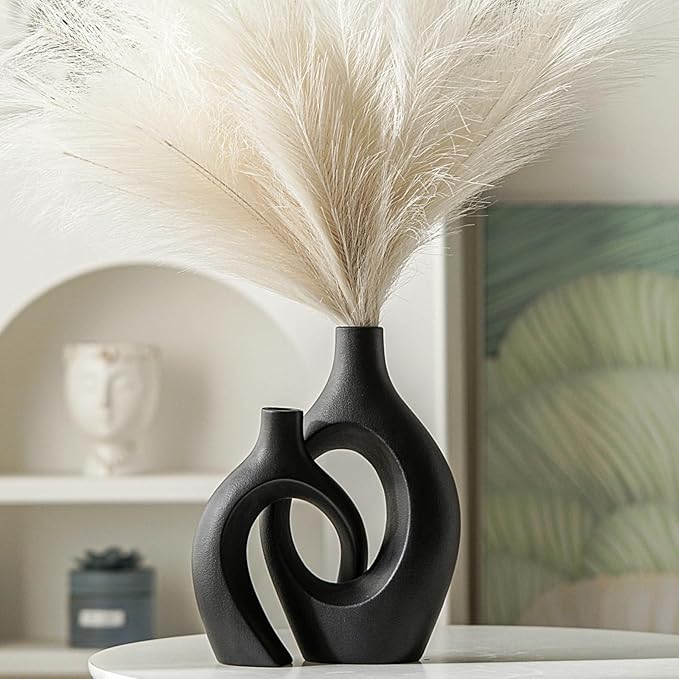 Levvohd XL Black Ceramic Vase Set of 2 for Modern Home Decor, Neutral Boho Round Donut Pampas Grass Vases, Nordic Aesthetic Vase, for Living Room Coffee Table Fire Place Book Style Shelf (H 11.1")