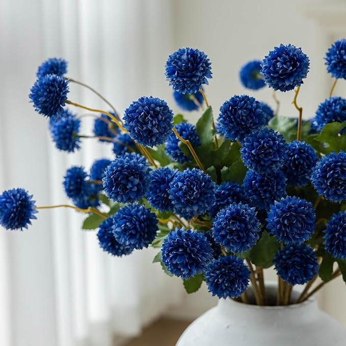 mizii 6Pcs Blue Fake Silk Pompon Mum Artificial Flowers Bulk Small Faux Chrysanthemums with Stems Realistic Floral Decorations for Wedding DIY Bouquet Centerpieces Shower Vase Home Decor (Royal Blue)