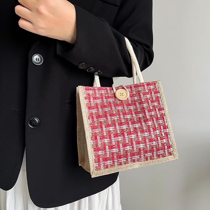 Women Tote Bag,2Pcs Jute Casual Tote's Handbag Embroidered Personalized Bento Bag,Reusable Grocery Bags Shopping Bags