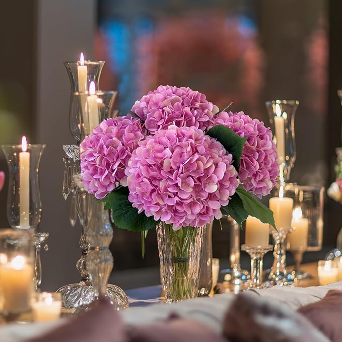 YalzoneMet 4Pcs Pink Purple Silk Hydrangea Artificial Flower Lifelike Big Blooms 20'' Long Stem Faux Hydrangea Flower Bouquets for Home Party Indoor Outdoor Wedding Table Centerpiece Decor