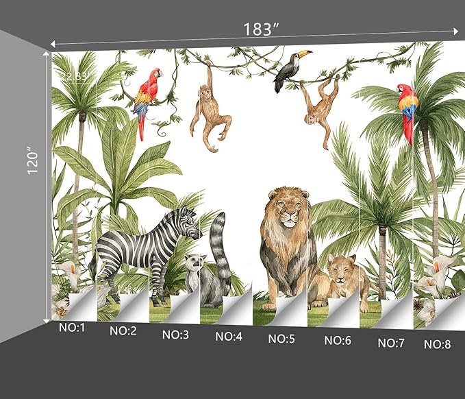 Tropical Rainforest Botanical Animal Floral Bird Wallpaper Woodland Forest Tree Leaf Nursery Kids Bedroom Plant murals Living Room Large Wall Mural - 183"x120" Not Peel and Stick