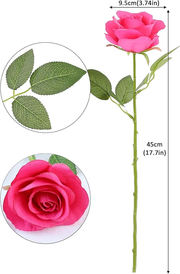 12pcs Roses Artificial Flowers Real Touch Fake Flowers with Long Stems Silk Flowers for Wedding Bouquet Centerpices Decorations Party Bridal Baby Shower Home Decor (Hot Pink)