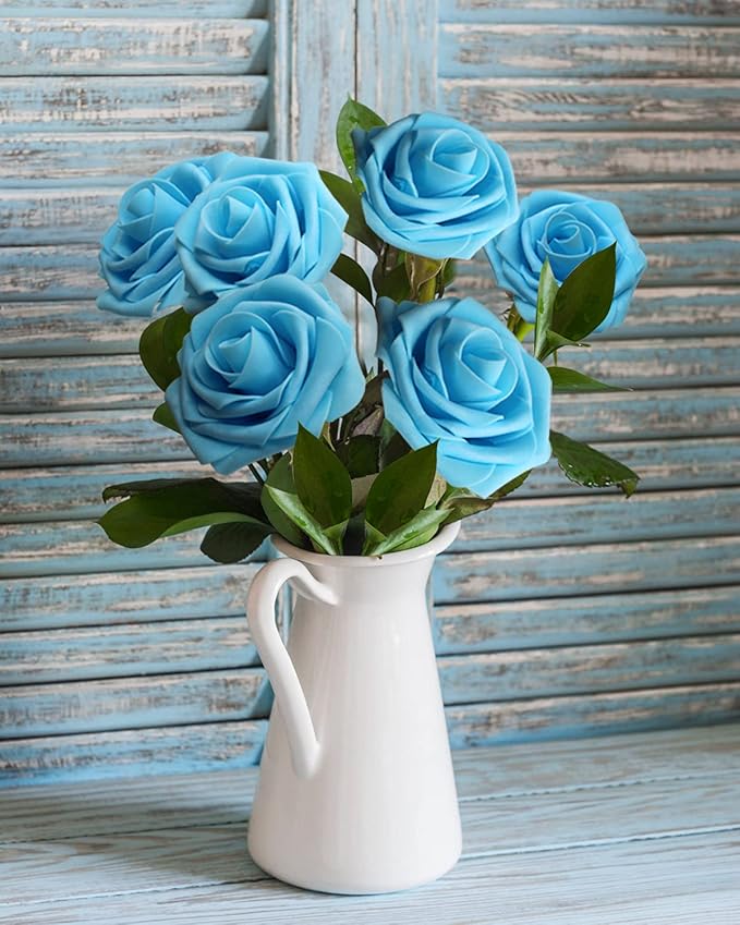 JOYLEX Artificial Flowers Realistic Roses, 50pcs Real Looking Fake Roses with Stem for DIY Wedding Bouquets Centerpieces Bridal Shower Party Home Romantic Decorations (Light Blue)