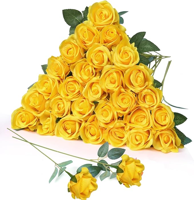 30pcs Fake Roses Artificial Silk Flowers Long Stems Bouquet for Wedding Bridal Shower Party Home Decoration (Yellow)