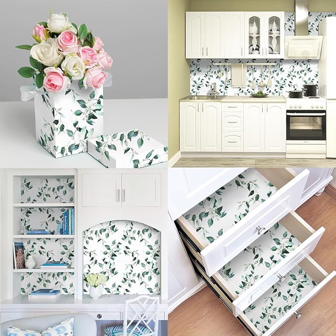 Erfoni Green Leaf Peel and Stick Wallpaper Floral Contact Paper for Bathroom 17.7inch x 197inch Eucalyptus Wallpaper Peel and Stick Vintage Flower Decorative Removable Wall Paper Vinyl Roll