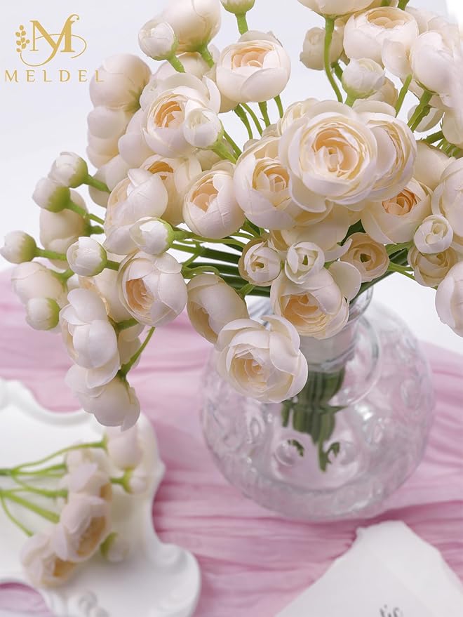 Meldel 32Pcs Ranunculus Artificial Flower, Faux Light Champagne Ranunculus Flowers for DIY Bouquet, Bulk Fake Peony Wedding Filler Flowers for Centerpieces Arrangements Bridal Shower Decorations