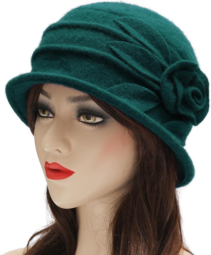 ZLYC Women Wool Cloche Bucket Hat 1920s Vintage Dress Winter Hats with Flower Accent
