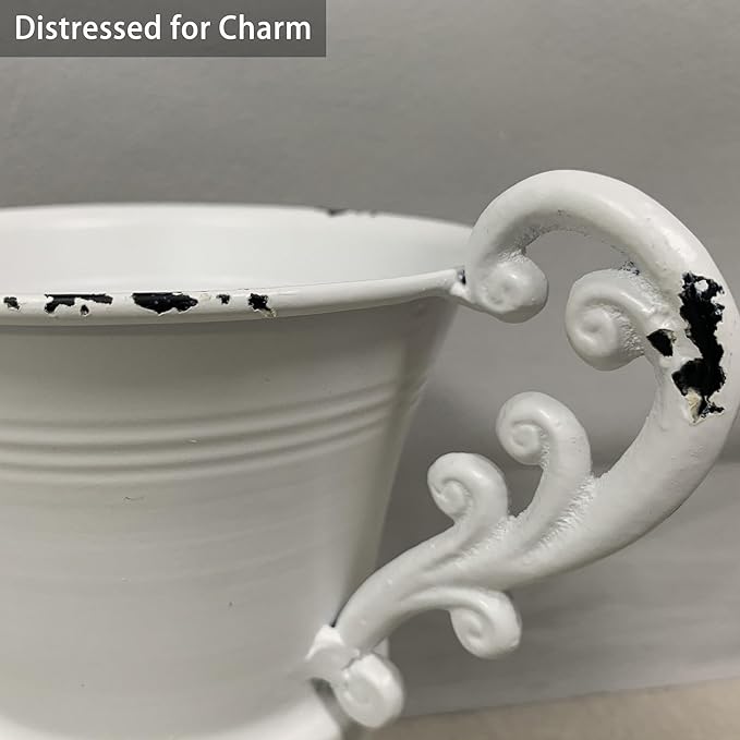 8.3" Shabby Chic European Urn Vase, Distressed Vintage Metal Body with Heavy Cast Iron Double Handles, Romantic Farmhouse Centerpiece for Mantel or Table Decor