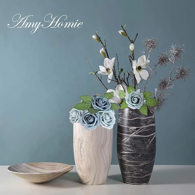 AmyHomie Artificial Flower Dusty Blue Shades Rose 25pcs Real Looking Fake Roses w/Stem for DIY Wedding Bouquets Centerpieces Arrangements Party Baby Shower Valentines Day Christmas Tree Decorations