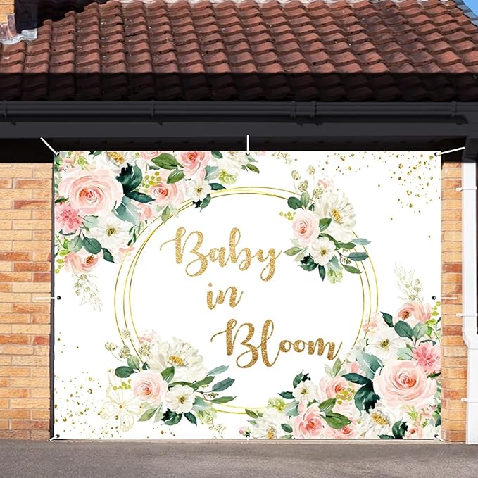 Baby in Bloom Baby Shower Garage Door Cover Banner Decorations Backdrop 7x8ft Pink Boho Floral Golden Loop Garage Door Backdrop Baby Shower Cake Table Outdoor Garage Door Banner Decorations
