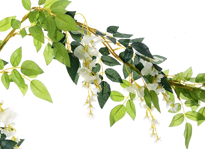 2Pcs 6.6Ft Artificial Flowers Vines Silk Wisteria Artificial Garlands Fake Hanging Green Leaf Flower Ivy Vines for Home Garden Wedding Arch Decor, White