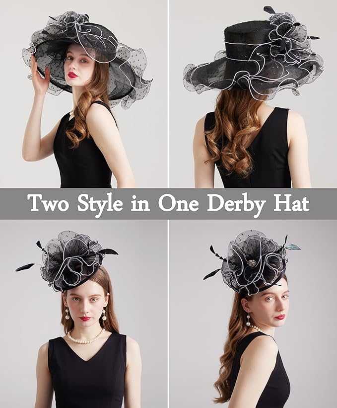 Organza Derby Hats for Women Wide Brim Fascinator Hat Rose Flower Wedding Tea Party Hat