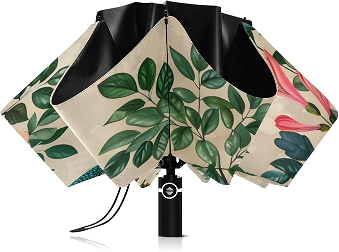 Automatic Folding Umbrella Windproof Strong, UV Protection Compact Floral Hydrangea Hummingbird Sun Rain Sun Rain Travel Umbrellas for Women Men