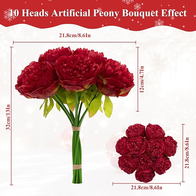 U'Artlines 20 Heads Artificial Peony Silk Flower Leaf for Christmas Holiday New Year Home Office Wedding Party Festival Bar Decor (Red)