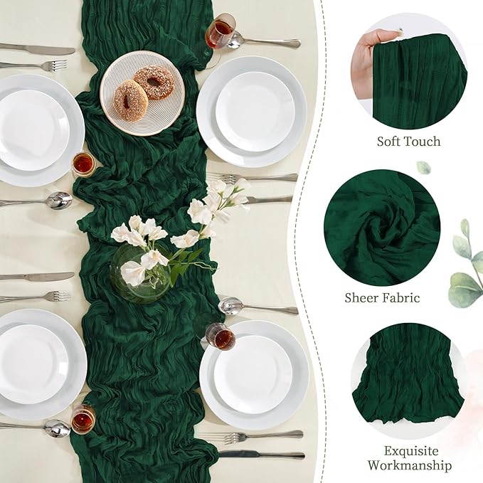 Emerald Green Christmas Cheesecloth Table Runner 10FT Long Boho Gauze Table Runner Rustic Sheer Runner for Wedding Bridal Baby Shower Birthday Party Table Decor Home Christmas Decorations（6 Pack）