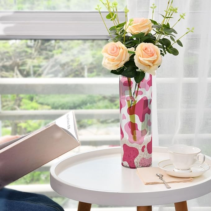 Flower Vase Clear Plastic Cylinder Vases Decor for Centerpieces Home Storage Office Weddings Pink Cow Print White 11.8 x 3.9 in