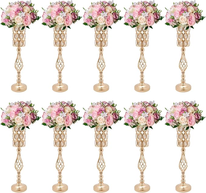 Wedding Centerpieces for Tables, 10 Pcs Vases for Centerpieces with Crystal Beads, 24in Tall Wedding Vase for Tables, Metal Flower Vase Stand with Crystal Beads for Wedding (Gold)