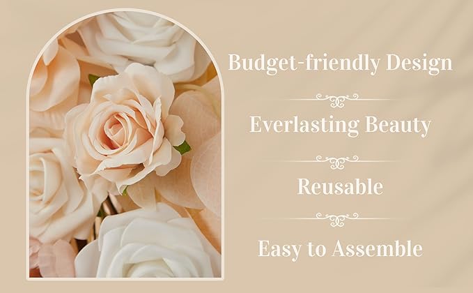 Ting's time Artificial Wedding Arch Flowers Kit(Pack of 4) 2pcs Large Artificial Flower Swags with 2pcs Draping Fabric for Wedding Party Ceremony Decoration(Beige)