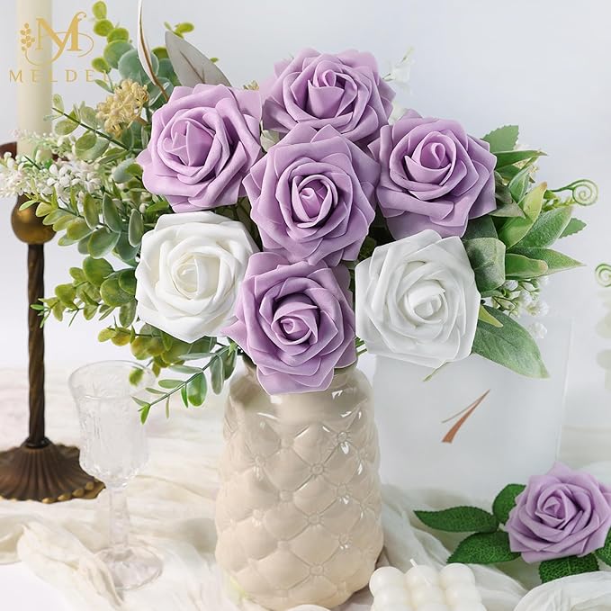 Meldel Artificial Flowers 50pcs Real Looking Dusty Violet Pale Lavender Foam Fake Roses with Stems for DIY Wedding Bouquets Bridal Shower Centerpieces Floral Arrangements Home Decorations Bulk Rose