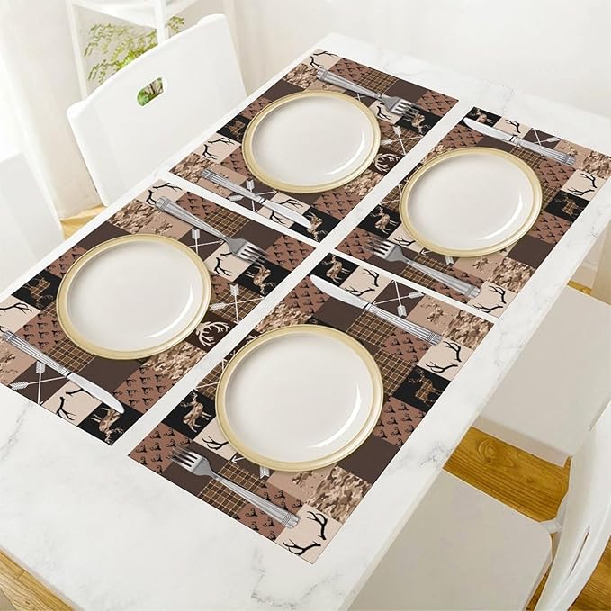 Vintage Camouflage Bear Moose Place Mats Set of 4 Pine Tree Wild Animal Kitchen Dining Table Mat for Indoor Outdoor Decorations 12 X 18 Inch 4 PCS, Style-21