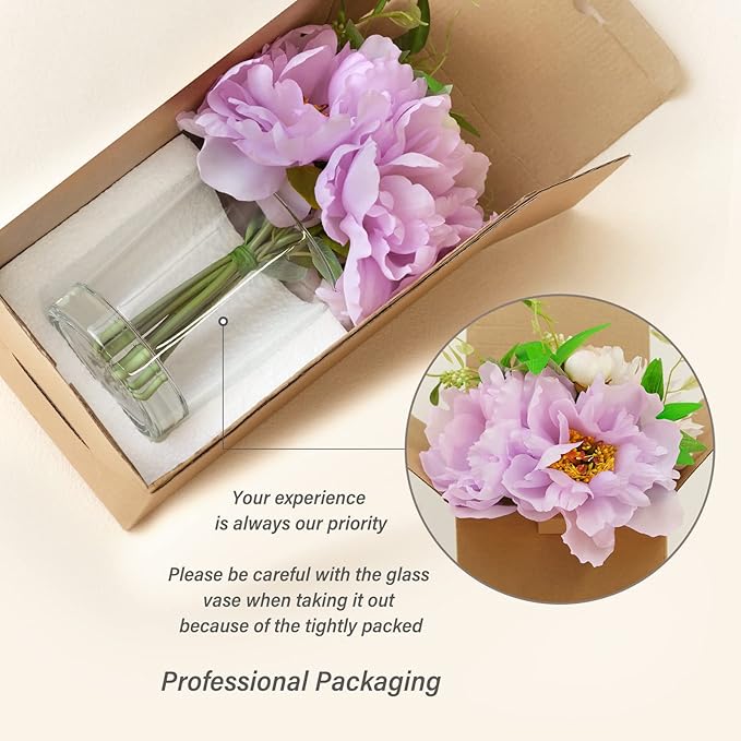 WELL KNOWN Silk Peony Artificial Flowers with Vase，Silk Fake Flower Bouquets in Vase with Fake Water Flower Arrangements for Table Centerpieces Home Office Hotel Wedding Party Decor & Gift (Purple)