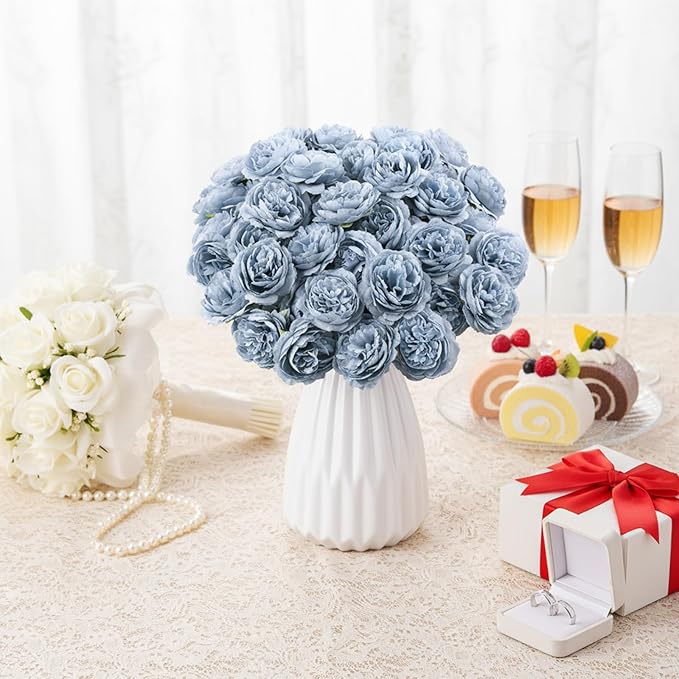Thiccywoov 200 Pcs Flowers Long Stem Artificial Rose Bulk, 3.2 Inches Silk Rose Head Flowers Faux for Wedding Bridal Bouquet Independence Day Home Floral DIY Centerpieces Party Decoration(Dusty Blue)