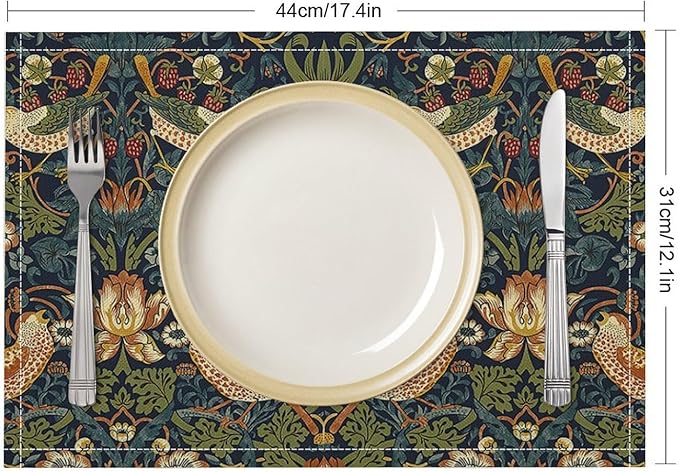 William Morris Floral Placemats Set of 6, Vintage Flower Strawberry Birds Green Place Mats, Heat Resistant Non Slip Cotton Linen Dining Table Mats for Home Kitchen Party 18x12 Inch