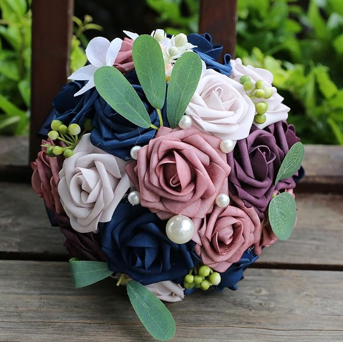 Lightweight Bridal Wedding Bouquet Round Holding Bouquet Throw Toss Artificial Rose Flower Bunch for Bride Bridesmaid Wedding Quinceanera (Navy, Smoky Rose, Light Taro & Dark Puce, 6.7")