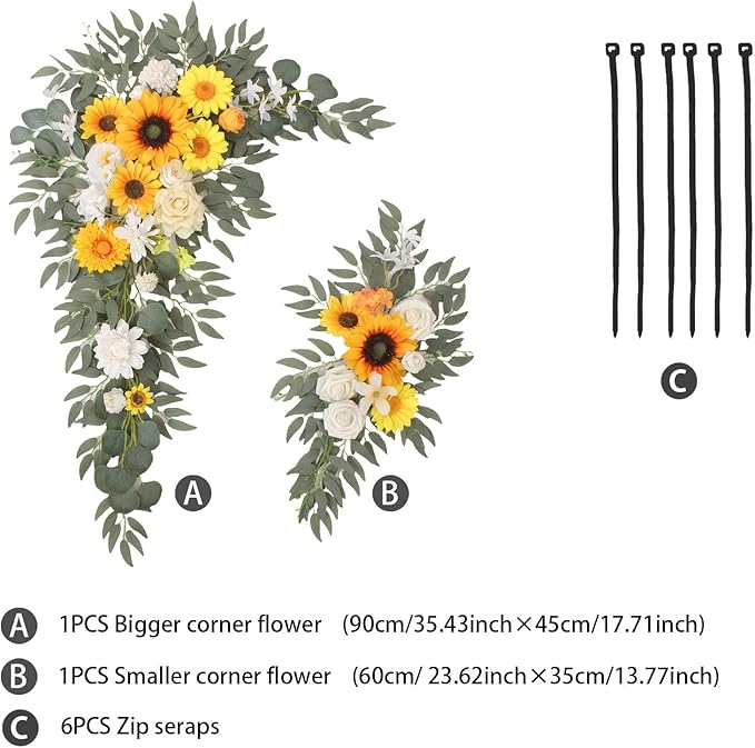 Arch Flowers with Drapes Kit (Pack of 3) for Wedding Ceremony Arbor and Reception Backdrop Decoration Wedding Welcome Signs Floral Birthday Party Decoration(Sunflower)