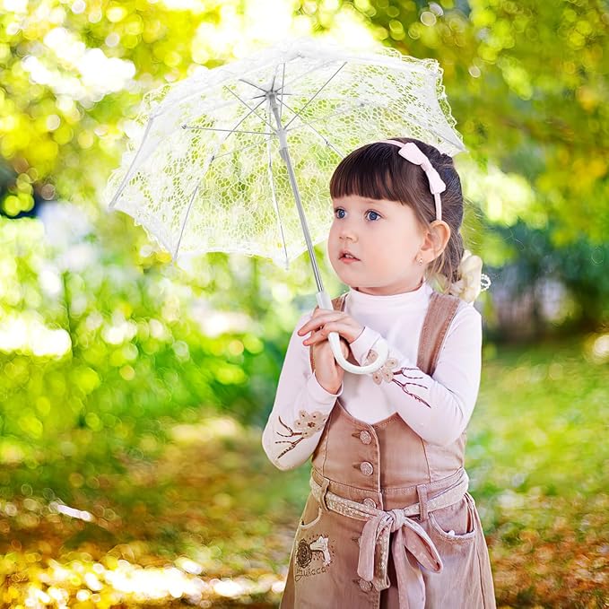 Mini Lace Umbrellas, White Embroidery Parasol Floral Lace Wrist Gloves for Women Vintage Bridal Umbrella Set for Wedding Tea Party Photography Props