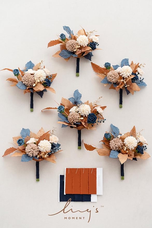 Ling's moment Artificial Flowers Orange & Navy Bridesmaid Bouquet Set of 6, Orange Wedding Flowers Bouquets for Bridesmaids, 7 Inch Bridal Bouquets for Bridesmaids, Wedding, Decor, etc