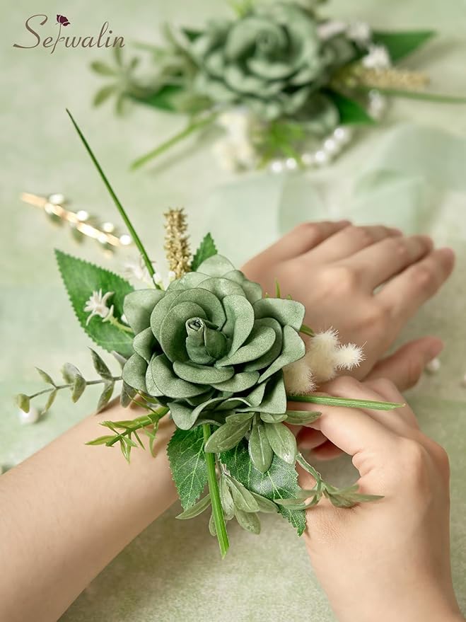 Serwalin Set of 2 Wrist Corsage for Wedding, 6-7inch Corsages Wristlet for Bridesmaid Mother Grandmother, Artificial Flowers for Prom Ceremony Anniversary, Green