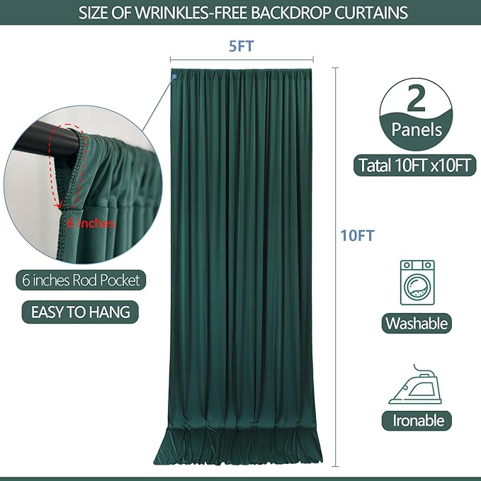 10x10ft Wrinkle Free Hunter Green Backdrop Curtain for Parties Soft Fabric Drapes Wedding Dark Green Curtain Backdrop for Birthday Party Decorations Background for Photography 5x10ft,2 Panels