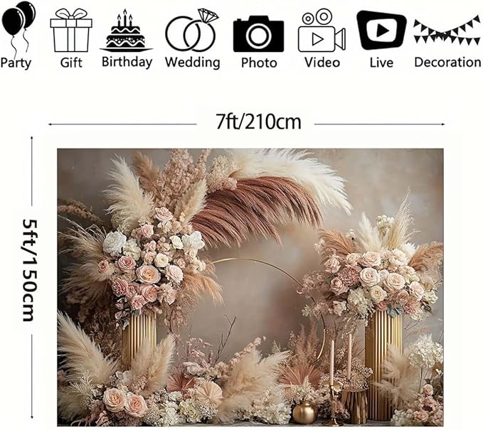 Boho Floral Wedding Backdrop Pampas Grass Flower Curtain Background Wedding Bridal Shower Anniversary Party Decoration Backdrop Newborn Baby Shower Pregnancy Photos Backdrop (7x5feet)