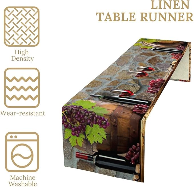 Red Wine Table Runner Wine Grape Alcohol Fruit Vintage Barrel Dinner Runner for Farmhouse Cabin Home Kitchen Dining Holiday Wedding Party Dining Decor 13x70in