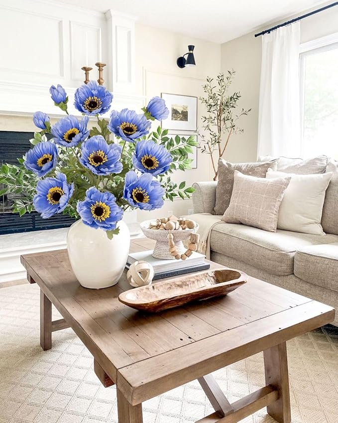 28.3" Blue Artificial Flowers Poppy Flowers 3Pcs Silk Fake Poppy Flowers Real Touch Faux Poppies Spring Flower Long Stem Arrangement with 4 Heads for Party Centerpiece Bouquet Table Home Decoration