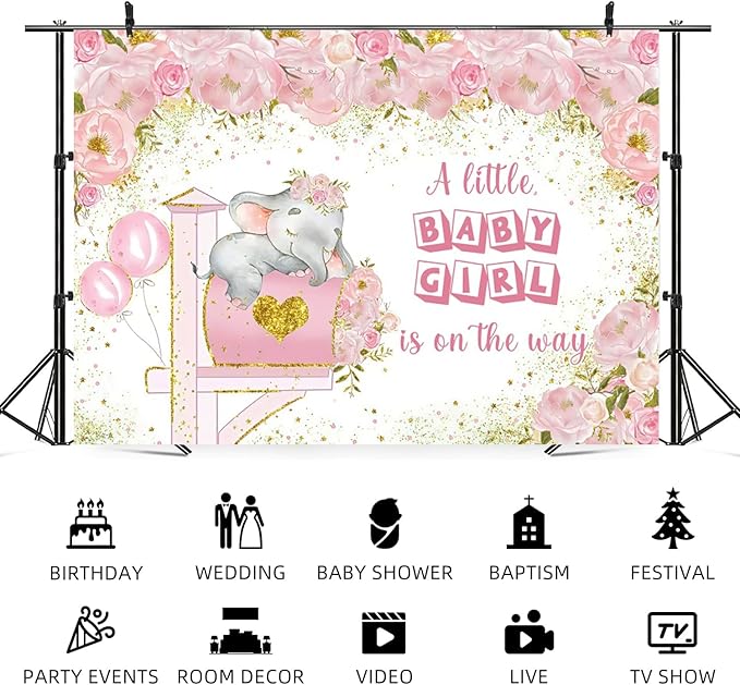 15x10ft Elephant Baby Shower Backdrop A Little Baby Girl is On The Way Photography Background Pink Floral Balloon Mailbox Baby Girls Party Banner Decorations Newborn Portrait Photo Booth Prop
