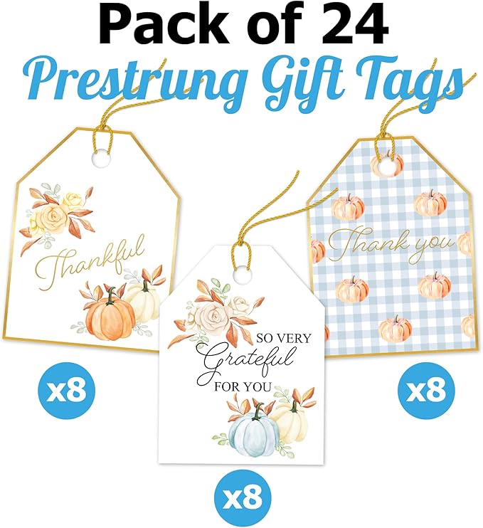 Pro Supply Global 24 Count of 2.5 Inch x 3 Inch Pre Strung Thankful Fall Pumpkins Gift Tag Assorted Printed Designs on Large Cardstock Gift Hang Tags - Ideal to Use on Bags