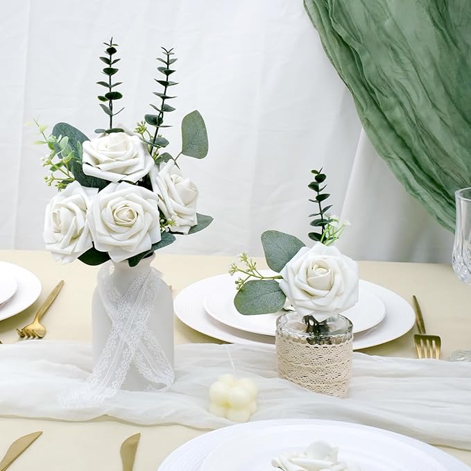 Artificial Flowers, 100pcs Artificial Rose for DIY Bouquets Arrangement, Sand White Rose Flowers Foam Fake with Stems for Wedding Shower Party Tables Home Decorations
