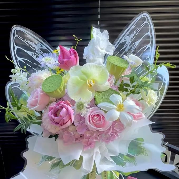 LLBWKC 20 Sets Butterfly Flower Wrapping Paper, Waterproof Butterfly Flower Bouquet Wrapping Paper, OPP Clear Floral Wraps for Florist Supplies, Gift Packaging, DIY Craft 20x22 in (Pink)